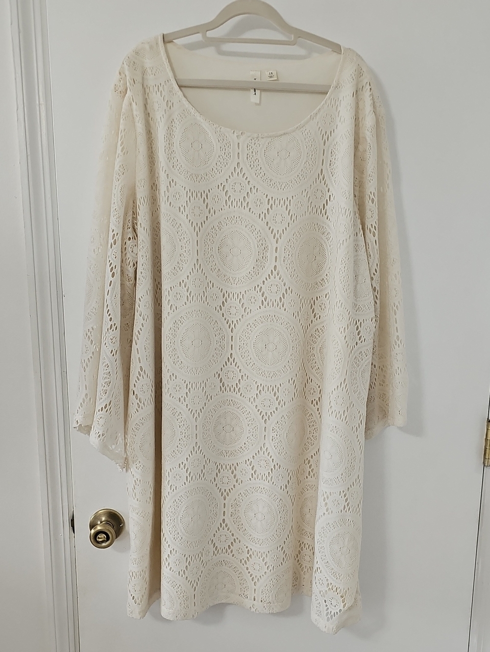 Tacera Cream Crochet Lace Long Sleeve Dress